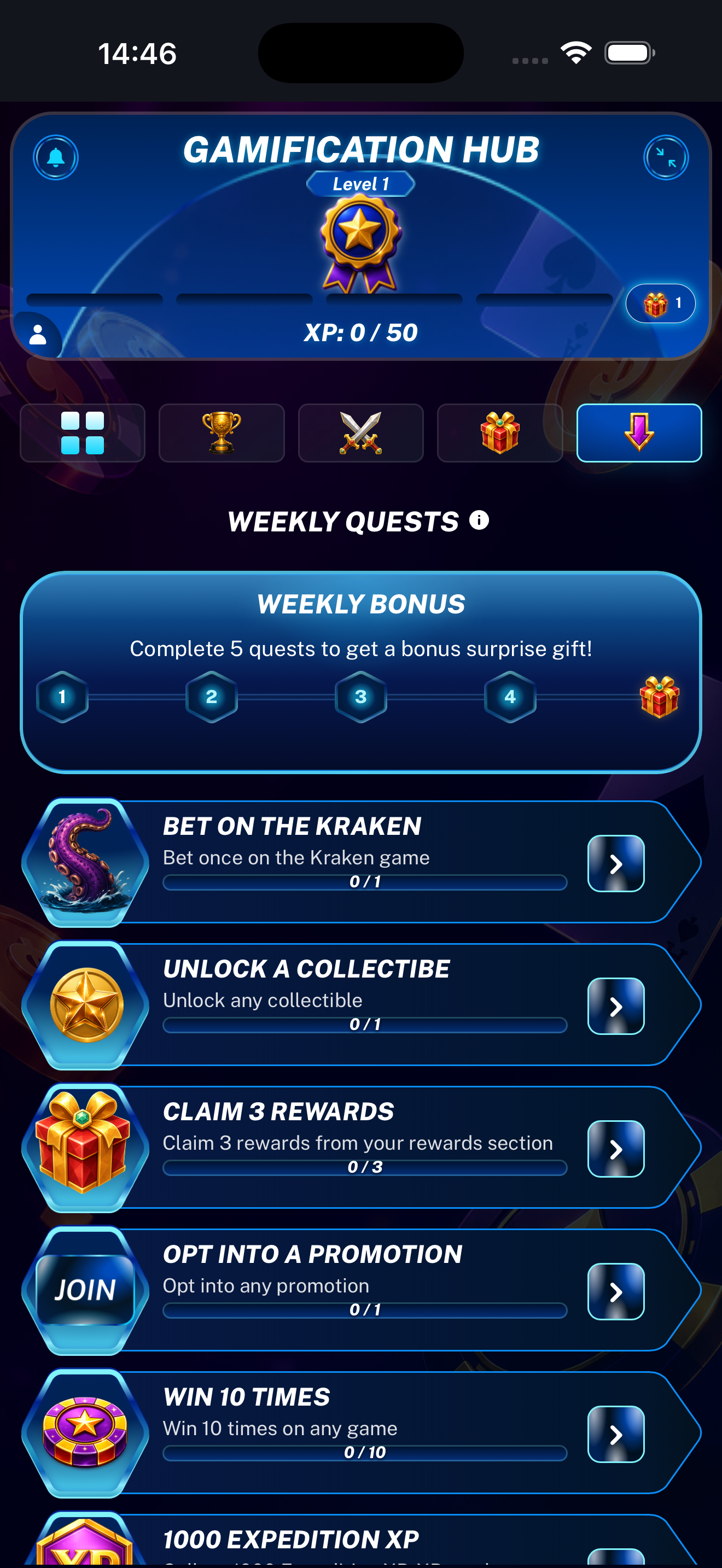 Weekly Quests landing page displayed on a mobile phone